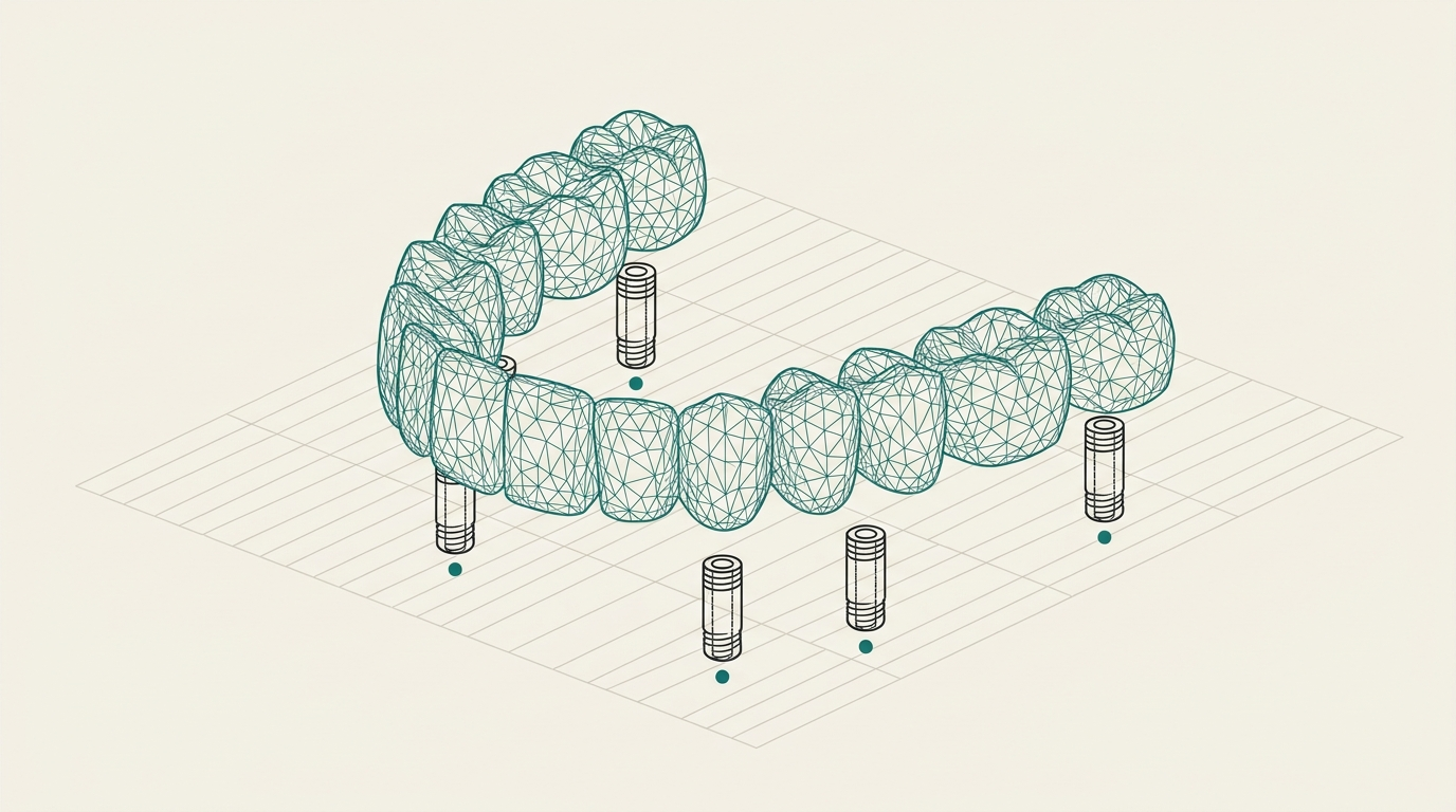A full-arch dental bridge as a teal wireframe mesh above implant analogs