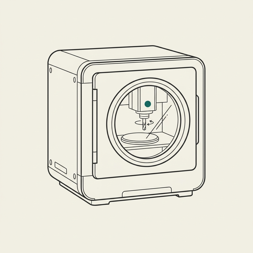 Benchtop dental milling machine line drawing with a round viewing window